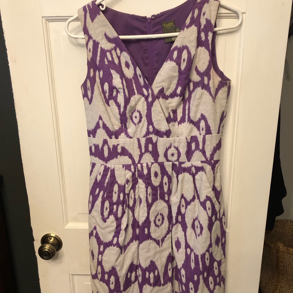 Purple Taylor minidress, size 4. Ikat print with tulip style skirt.